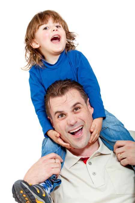 Father and son smiling - isolated over a white background