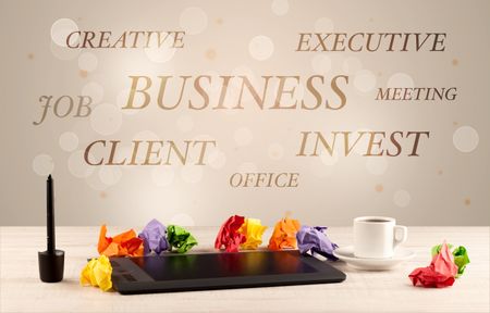 Business job office concept with close up wooden desk and materials, papers and electronic equipement