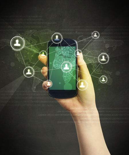 Caucasian hand in business suit holding a smartphone, social network concept