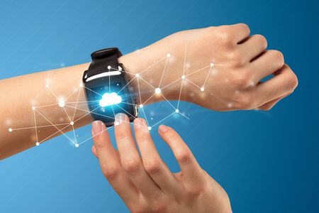 Naked female hand with smartwatch and with cloud technology and connection  symbol