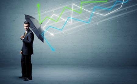 Business person with umbrella and colorful stock market arrows concept