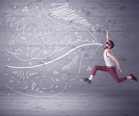 mad-hipster-guy-beard-shouting-drawn-654829951 A mad hipster guy with beard shouting drawn white lines, curves on concrete urban wall illustration background concept