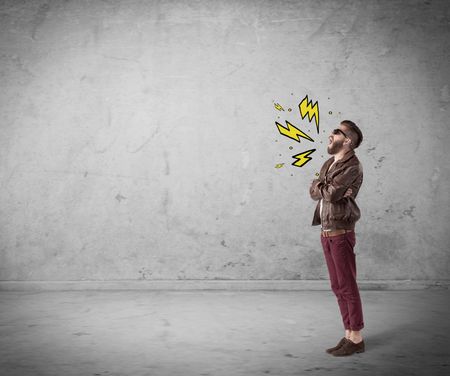 An angry hipster guy in casual clothes shouting heavily with drawn thunder sign illustration concept