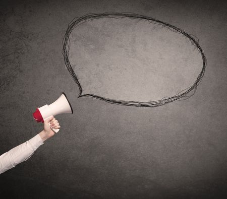 Caucasian business hand holding megaphone with drawn empty speech bubble