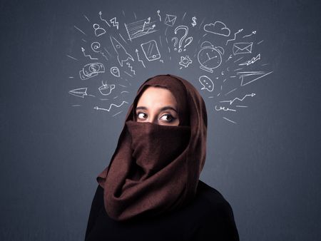 Young muslim woman wearing niqab with mixed white drawings above her head