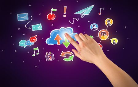 Female hand toucing mixed media icons with purple background