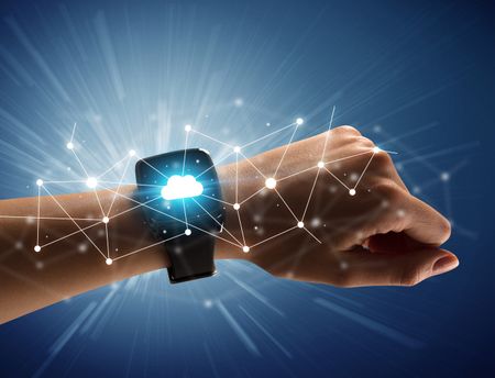 Close up female hand with smartwatch and with cloudy and connection icons around