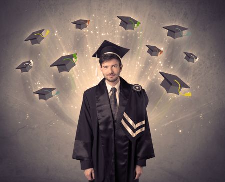 College graduate with many flying hats on grunge background