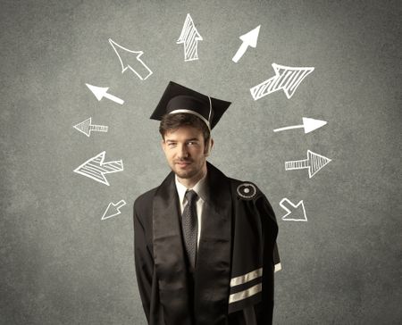 Young graduate student with hand drawn arrows on wall 