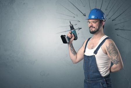 Working man with tools in his hand and arrows above his head.