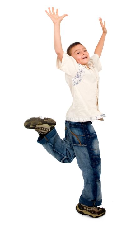 kid having joy running and jumping around - isolated over a white background