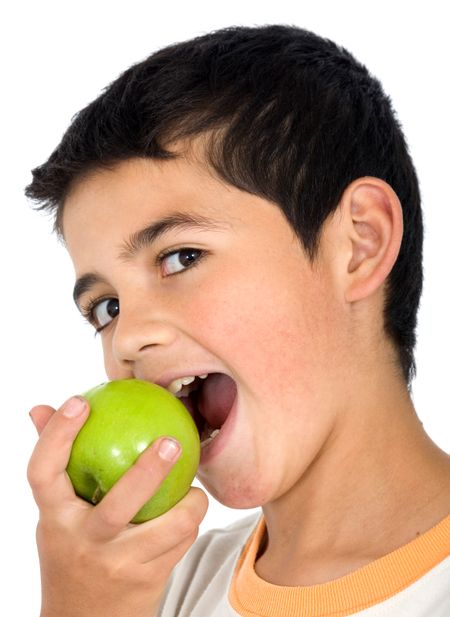 kid eating an apple isolated over a white background