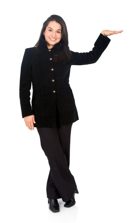 business woman displaying something under her arm isolated over a white background