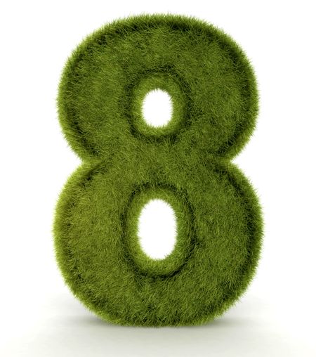 Number eight in 3D and grass texture - isolated over white