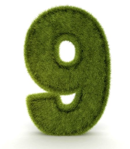 Number nine in 3D and grass texture - isolated over white