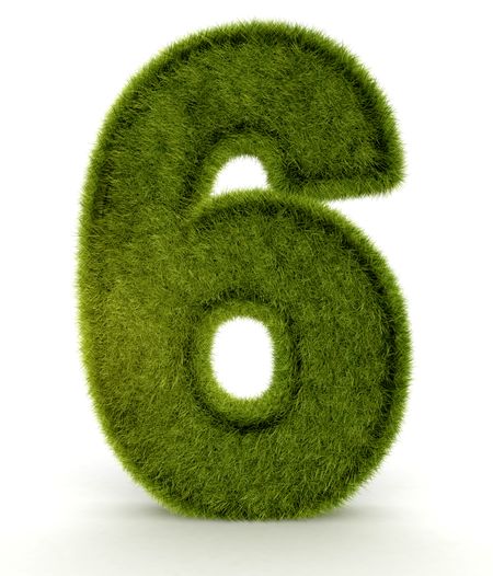 Number six in 3D and grass texture - isolated over white