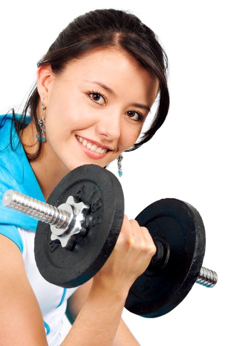 fit girl lifting free weights isolated over a white background
