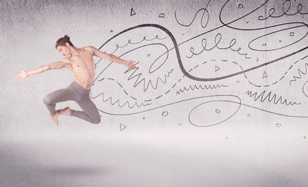 Ballet dancer performing art dance with hand drawn lines and arrows concept on background