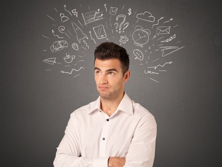 Young casual businessman with white social icons around his head