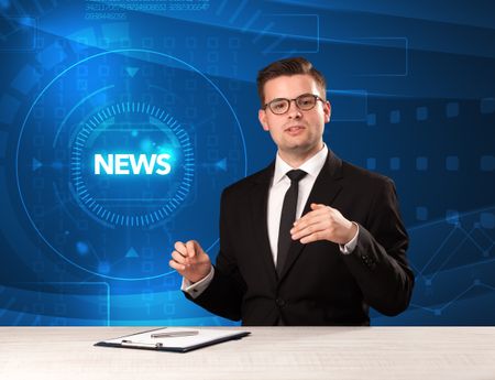 Modern televison presenter telling the news with tehnology background concept