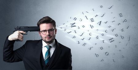 Man shoots his head with gun and letters are coming out from his head