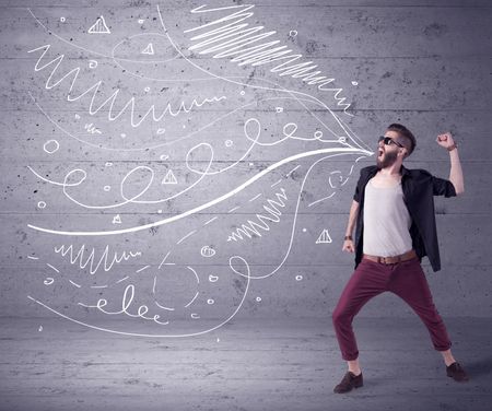 A mad hipster guy with beard shouting drawn white lines, curves on concrete urban wall illustration background concept