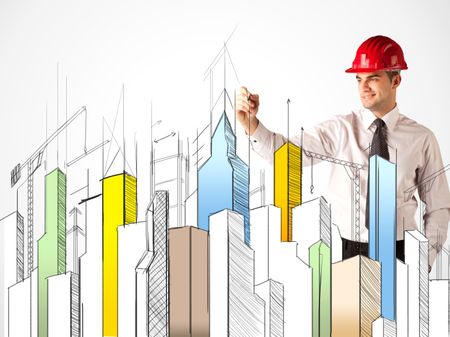A young construction site worker in a red safety helmet happily sketching a colorful city sight, drawing lines, arrows, angles, cranes buildings with a pen in his hand