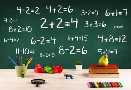 Going back to school concept with blackboard full of numbers and a busy student desk