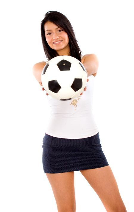 fashion girl with a foot ball isolated over a white background