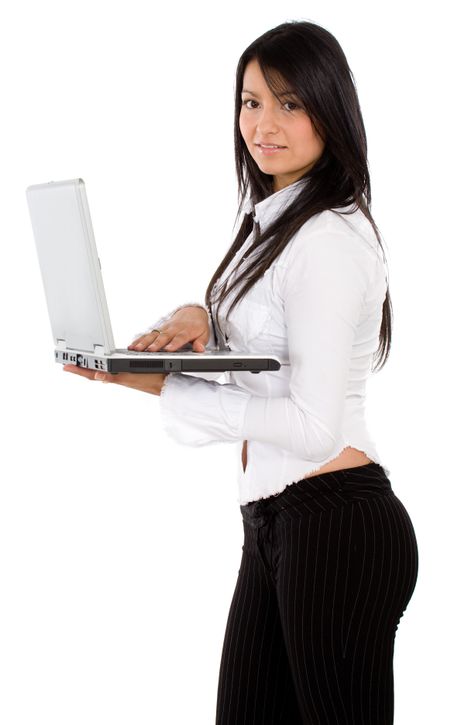 business woman working on a laptop - isolated over a white background