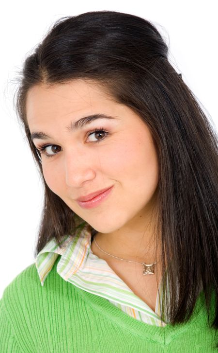 business woman portrait in bright clothes - isolated over a white background