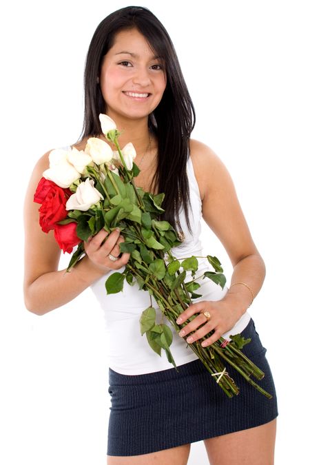 beautiful and sexy girl holding flowers over a white background