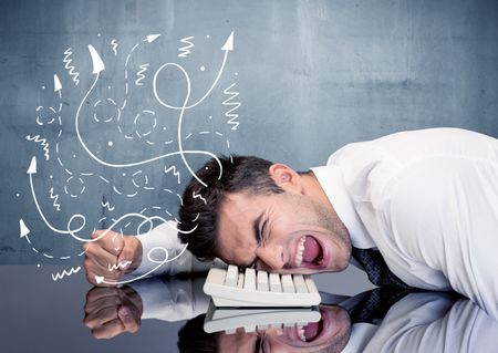 A depressed businessman resting his head on a keyboard and shouting with illustration of ideas, arrows, lines leaving his head concept