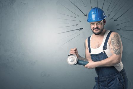 Working man with tools in his hand and arrows above his head.