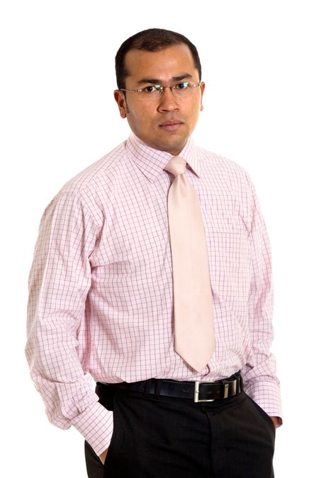 confident business man portrait with glasses and dark skin - isolated over a white background