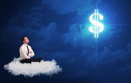 Caucasian businessman sitting on a white fluffy cloud wondering about huge money sign