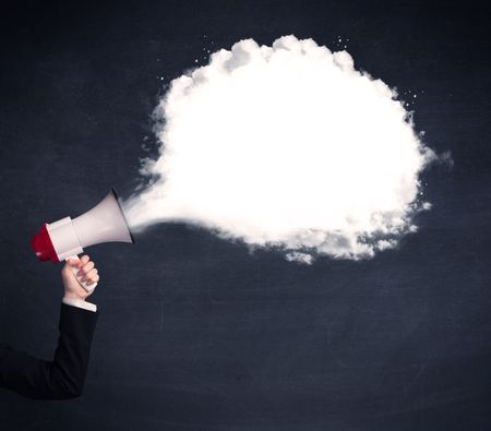 Caucasian business hand holding megaphone with white plain message cloud