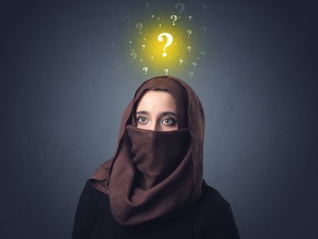 Young muslim woman wearing niqab with yellow question marks above her head