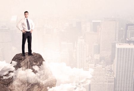 An elegant professional business male standing on top of a high cliff above the clouds looking at the city concept