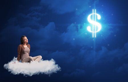 Caucasian woman sitting ona white fluffy cloud daydreaming of money