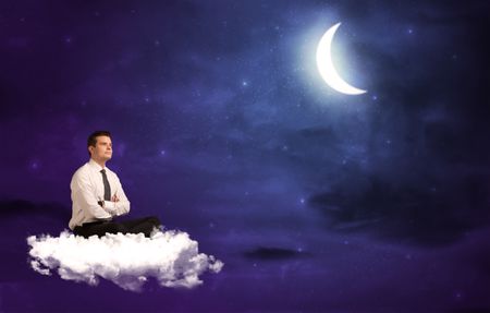 Caucasian businessman sitting on a cloud, wondering
