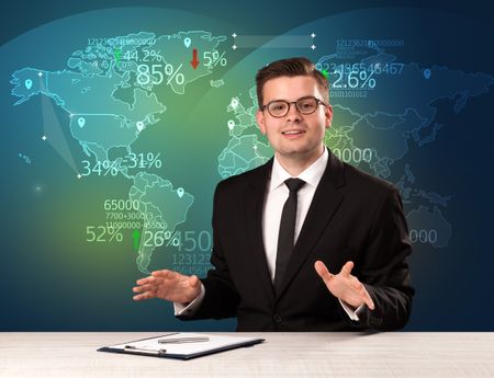 Trade market analyst is studio reporting world trading news with map concept on background