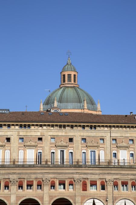 Piazza Maggiore - Main Square with Santa Maria Church Dome, Bologna, Italy