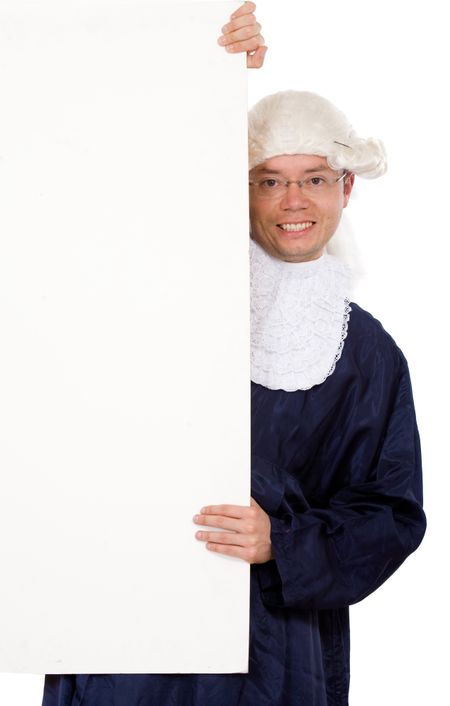 male judge holding a banner add while smiling - isolated over a white background