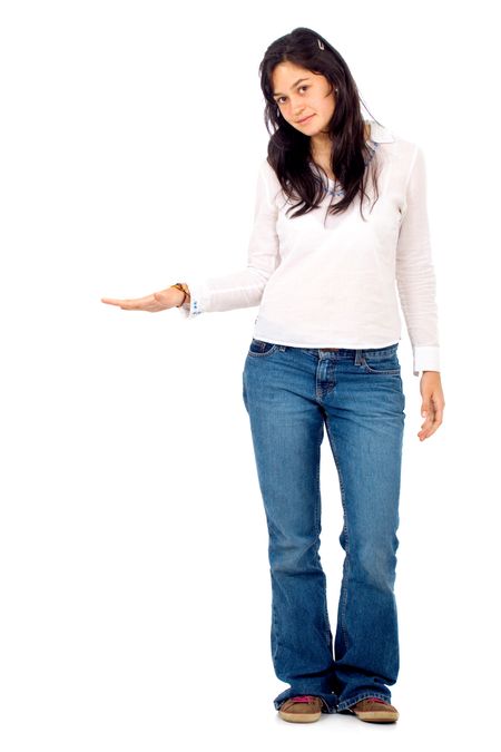 beautiful casual girl displaying something - isolated over a white background