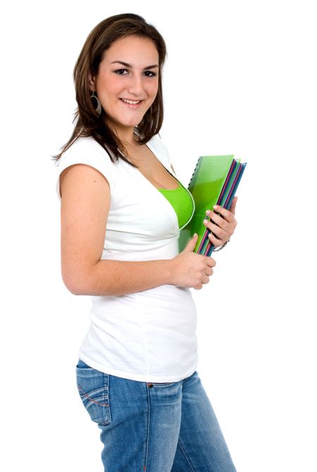 female student carrying notebooks over a white background