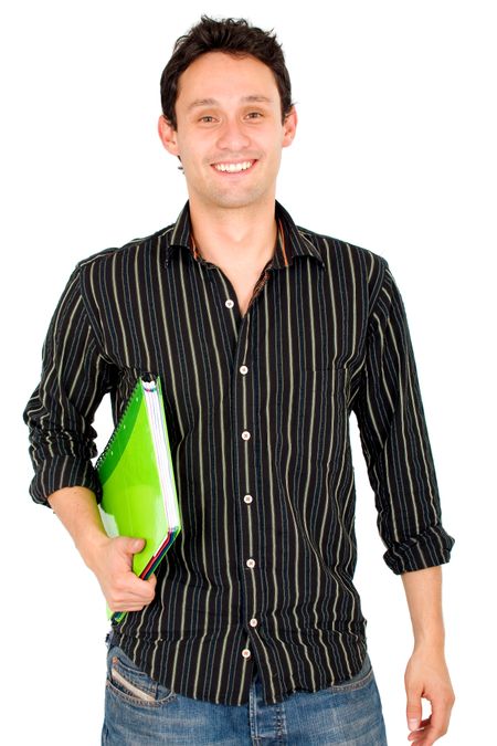 man with a notebook - university student look isolated over a white background