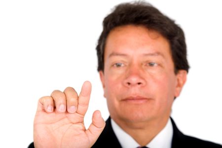 senior business man touching screen with his finger isolated over a white background