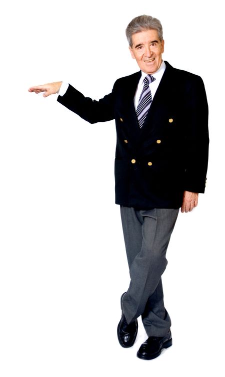 confident senior business full body portrait with his hand on something - isolated over a white background