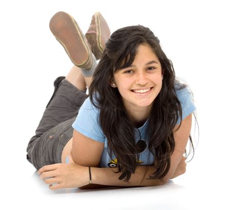 Casual woman portrait on the floor over a white background